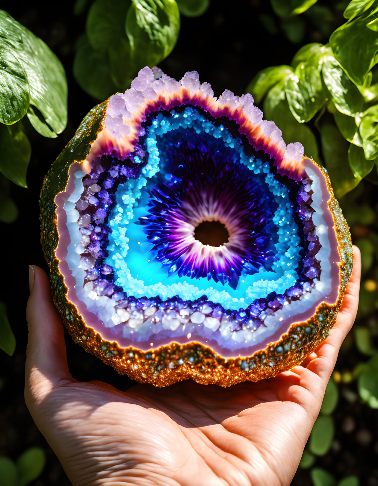 Vibrant geode with purple, blue, and white crystals held by a hand against green leaves