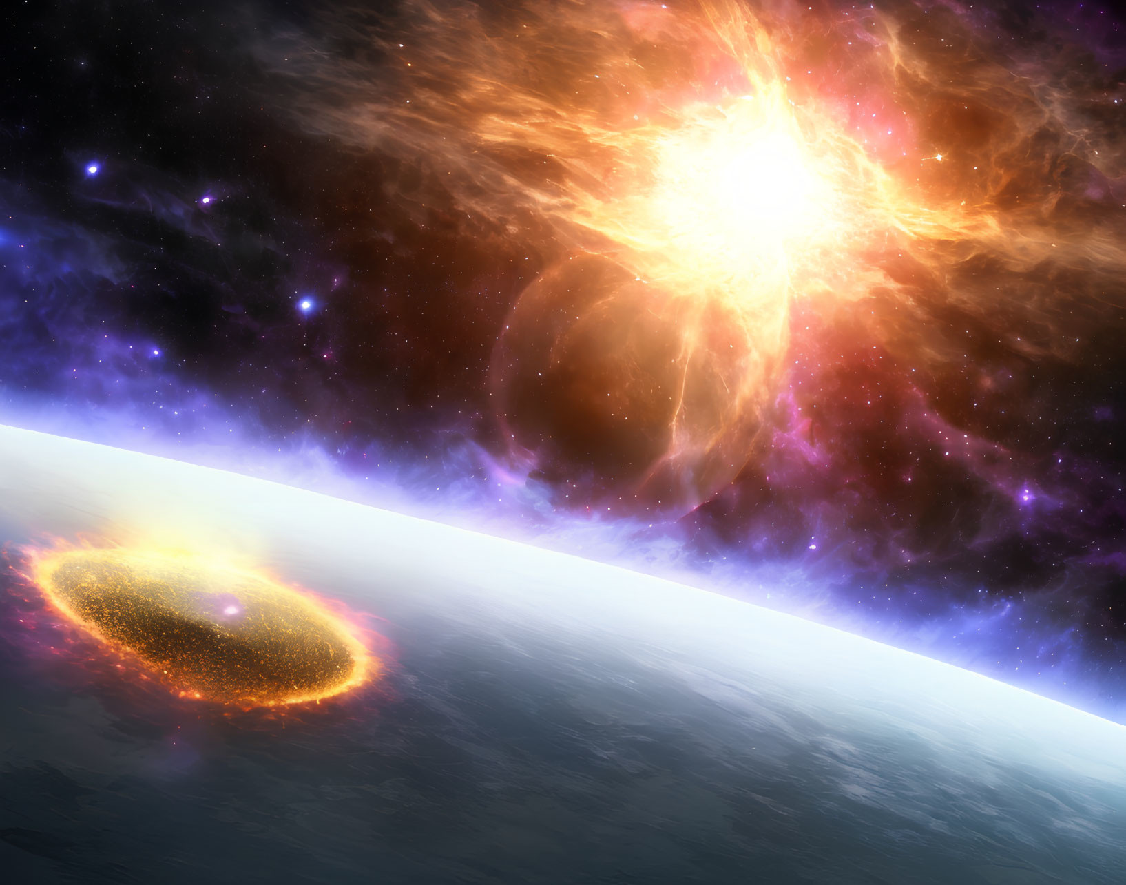 Vibrant Space Art: Supernova Explosion Approaching Planet