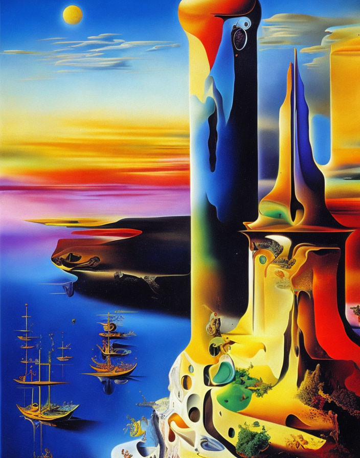 Surreal painting of melting structures, colorful skies, ships, and distorted elements
