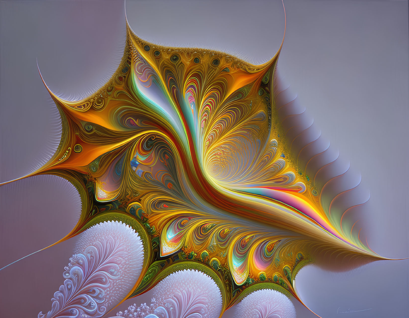 Abstract fractal image with swirling orange, gold, and green patterns