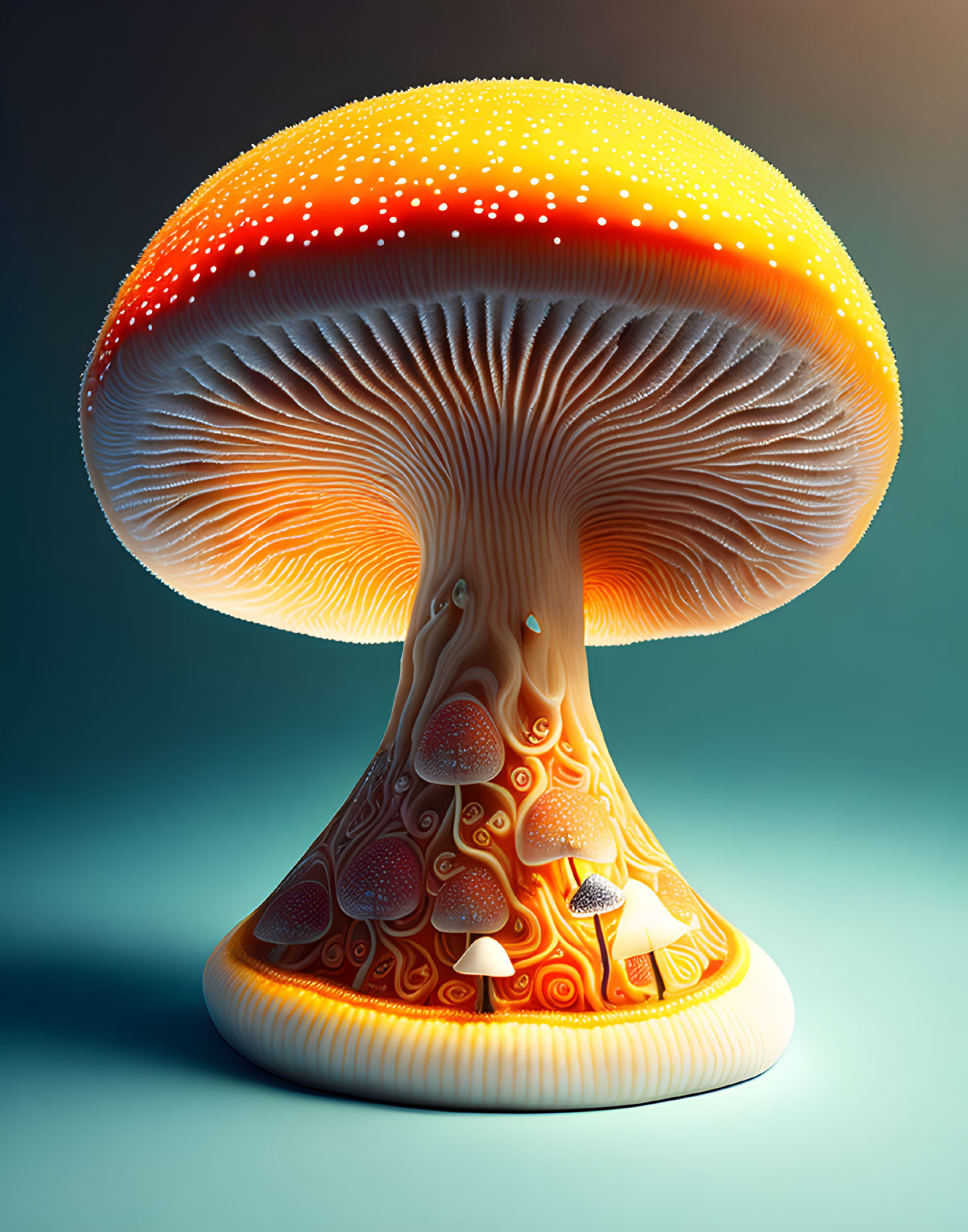 Detailed illustration of glowing mushroom with tiny house and pathway