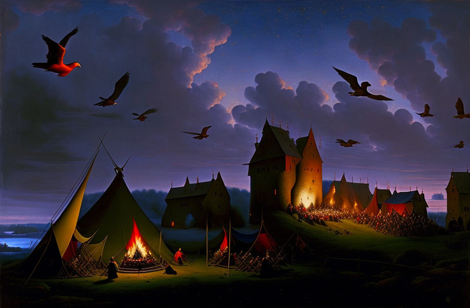 Medieval encampment with tents, central fire, castle, birds, and dramatic sky at twilight