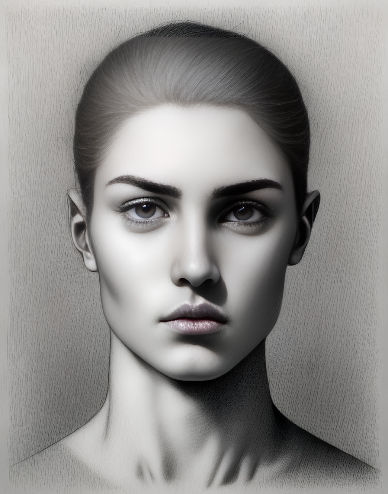 Detailed Black and White Digital Portrait of Woman with Striking Eyes