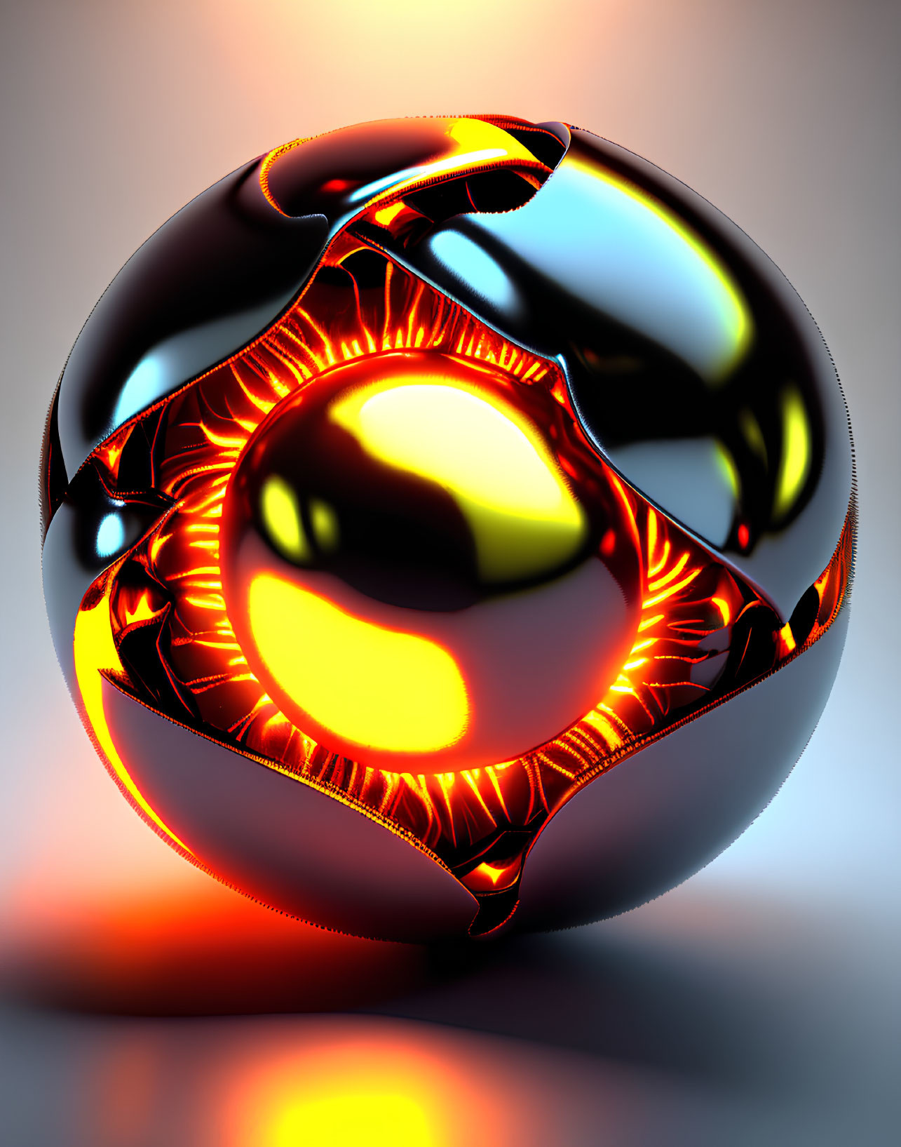 Shiny Black Sphere with Orange Luminous Cracks on Soft-lit Background