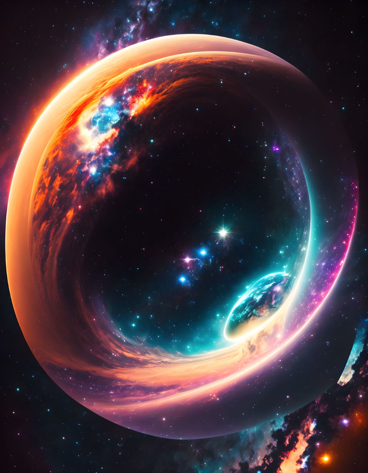 Vibrant cosmic scene with swirling galaxy and celestial bodies
