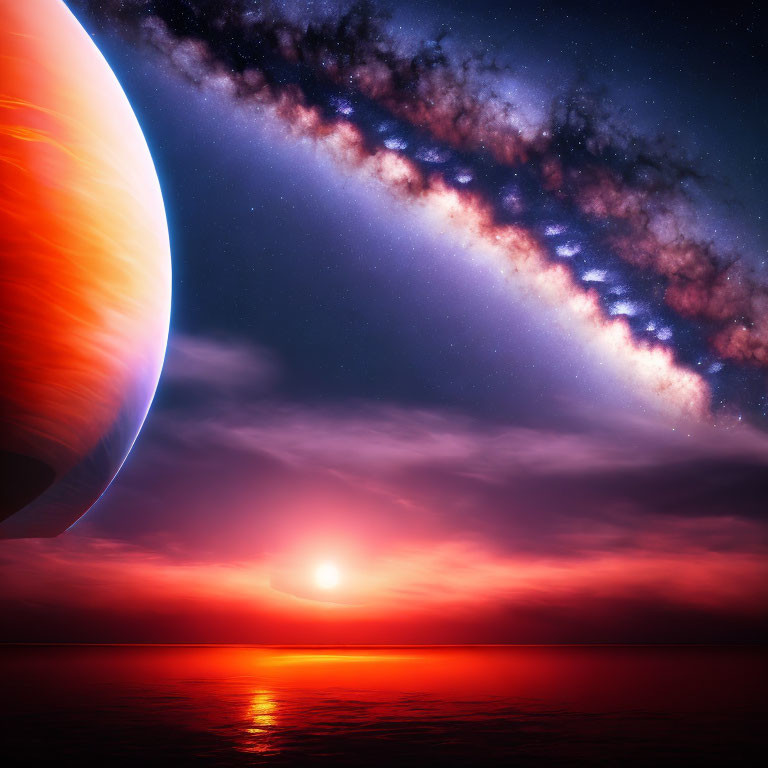 Large planet rising over crimson ocean with star and Milky Way in cosmic view