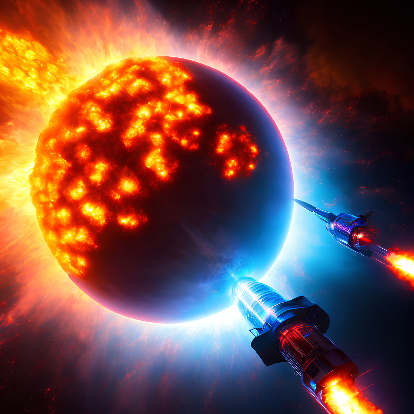 Sci-fi scene: Spaceships extracting resources from flaming asteroid near burning sun