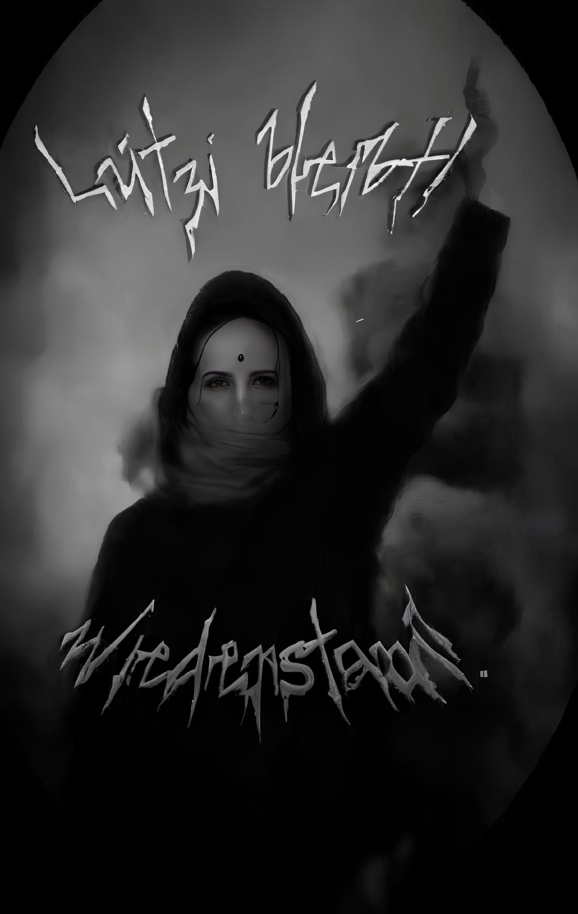 Monochrome image of mysterious figure with obscured eyes and face mask, raising fist