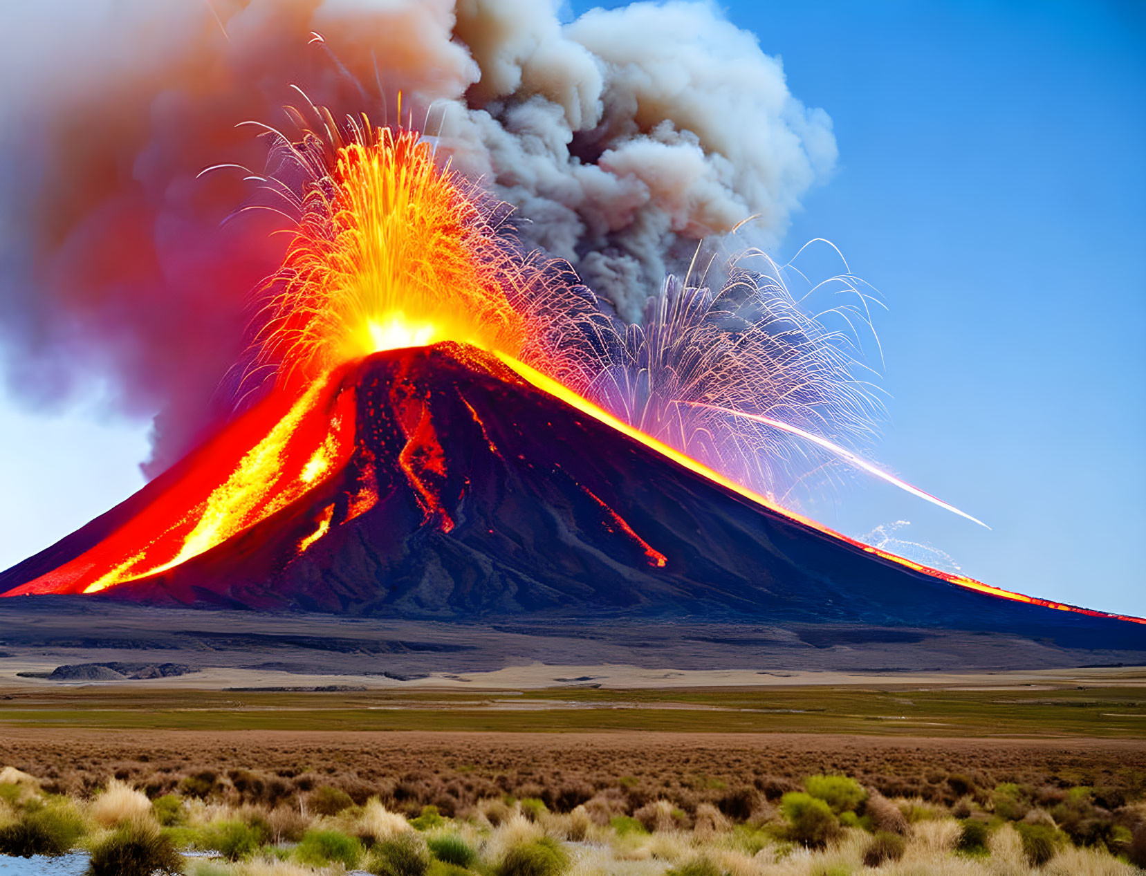 Volcano eruption spews fiery lava and ash under blue sky