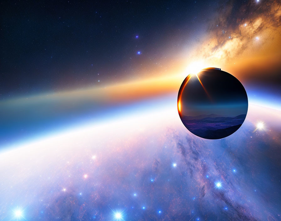 Reflective sphere in surreal cosmic scene with mountain landscape and star-filled galaxy.