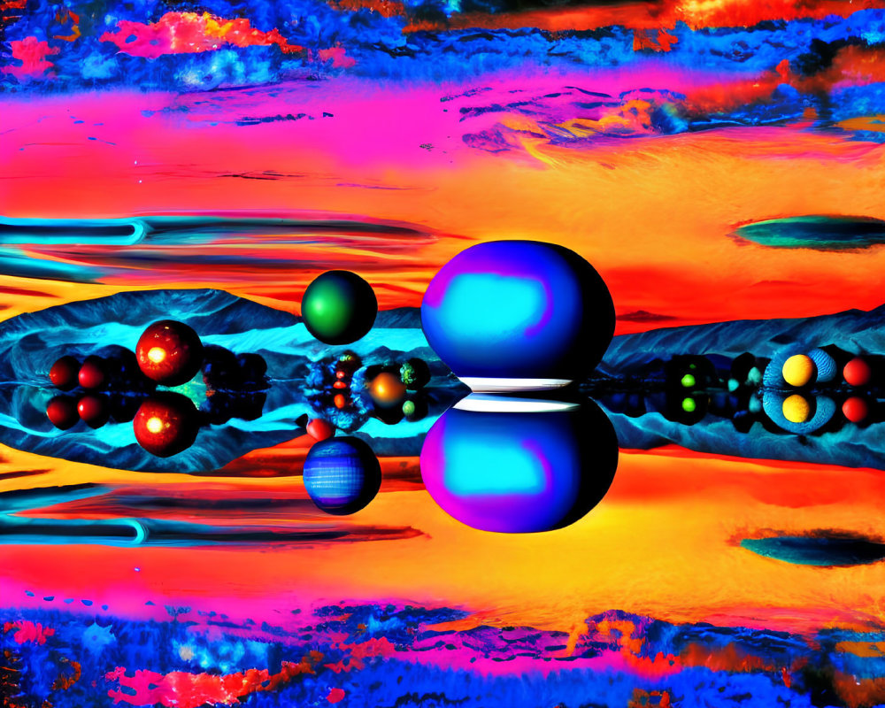 Vibrant spheres over fiery, colorful digital landscape