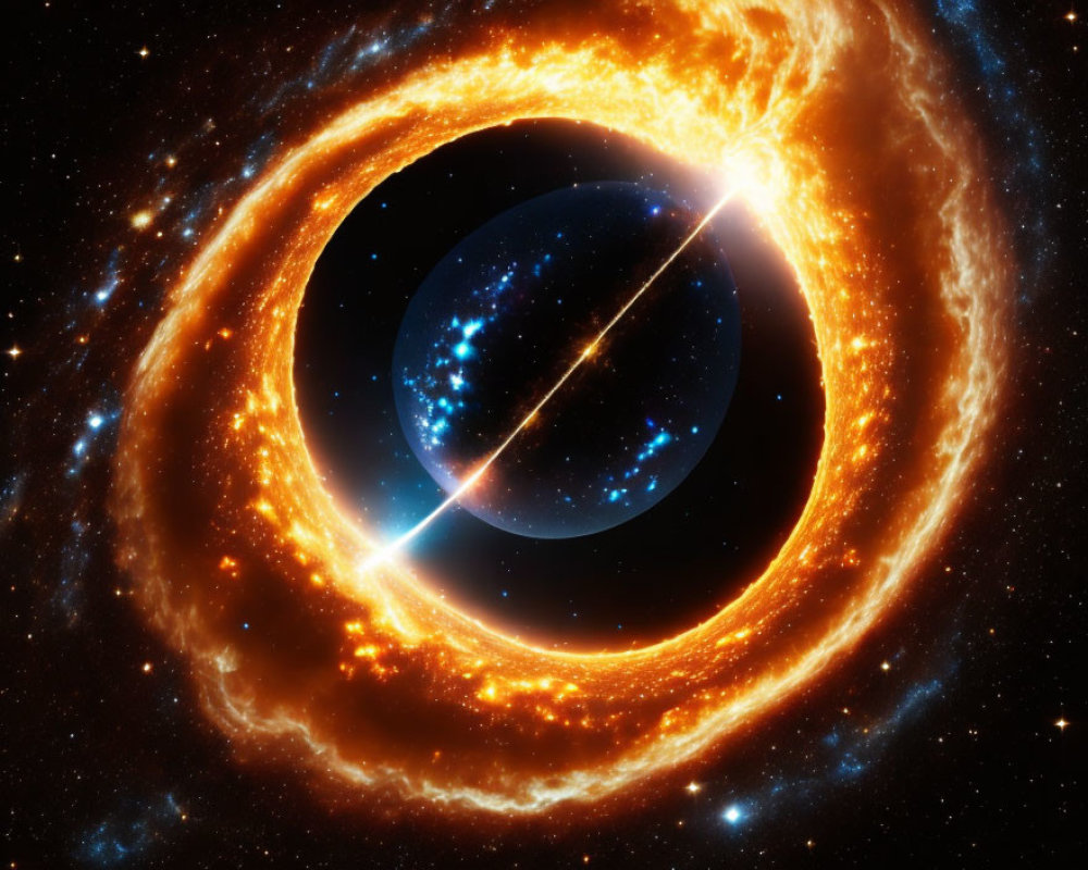 Blue planet with fiery orange ring in cosmic space