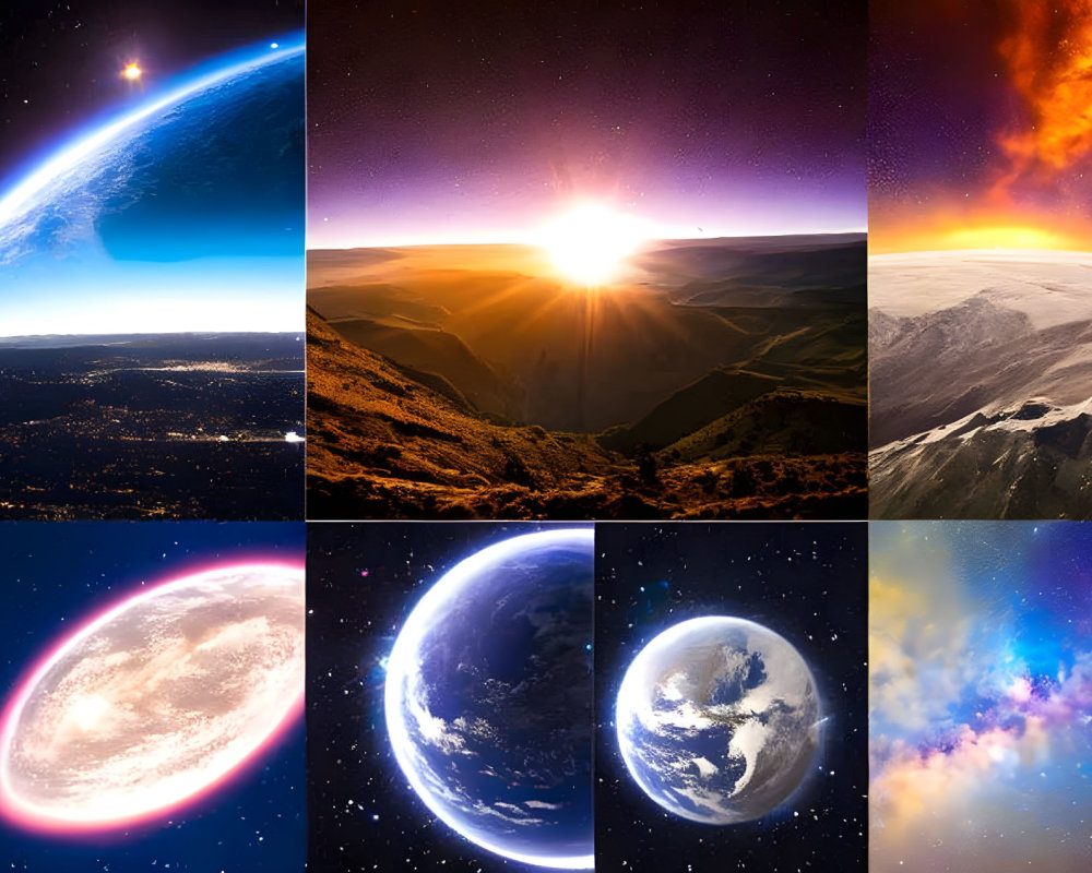 Collage of Space and Celestial Body Images: Earth, Sunrise, and Cosmic Views