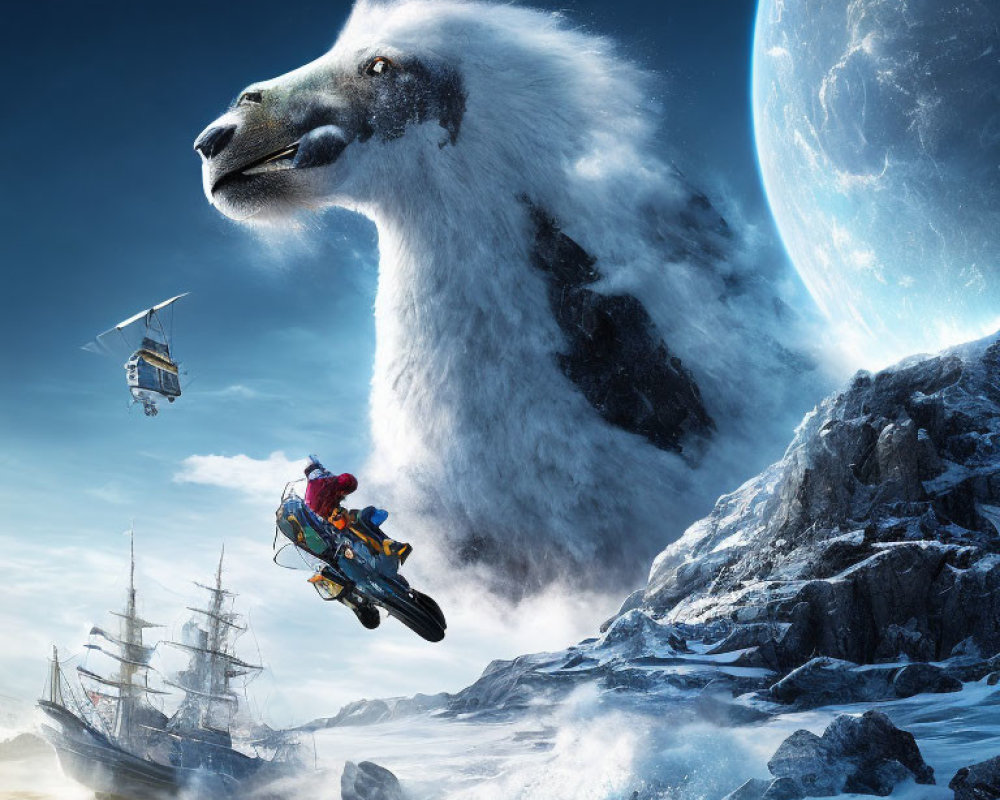 Fantastical artwork: giant wolf cloud, sailboat, airship, motorcyclist, icy