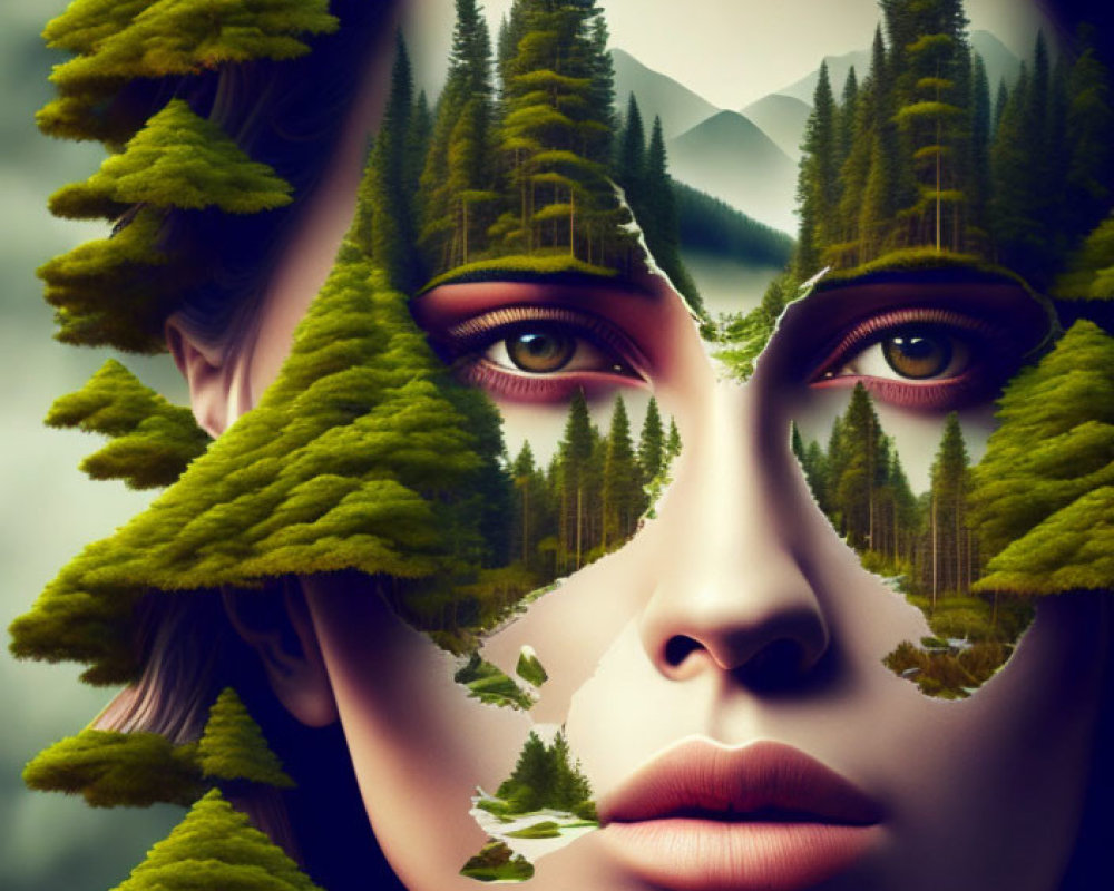 Surreal portrait blending woman's face with forest landscape