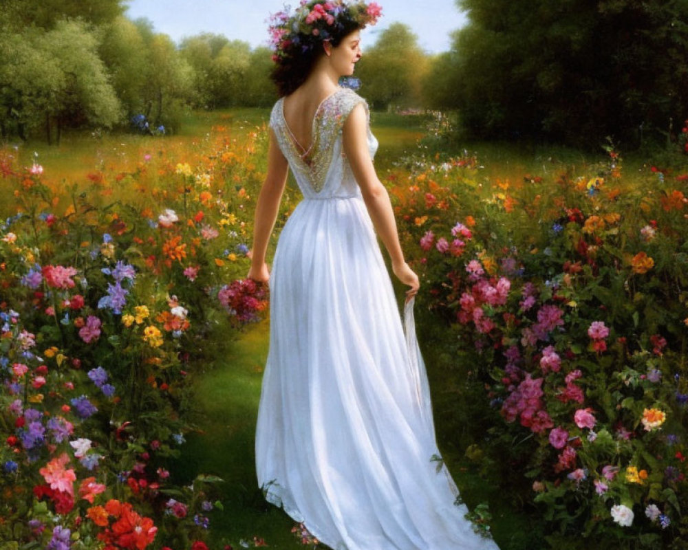 Woman in White Dress with Floral Wreath Strolling in Colorful Meadow