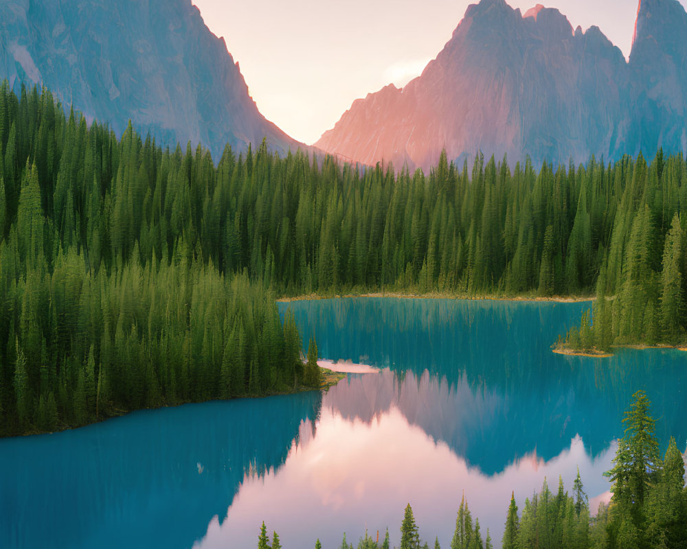 Tranquil Lake Reflecting Forest and Mountains at Sunset