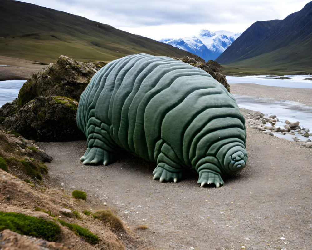 Giant tardigrade on pathway in mountainous landscape