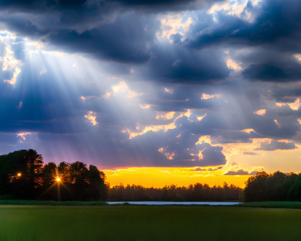 Dramatic sunset scene over field with sunbeams and water reflections