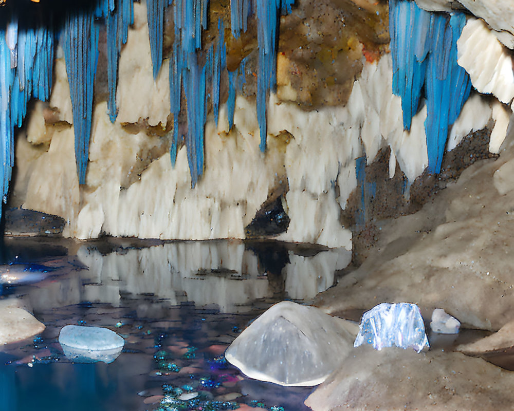 Reflective Cave Pool with Stalactites and Iridescent Stones