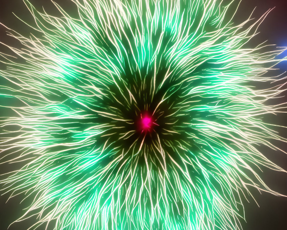 Colorful green and pink firework explosion in dark sky, resembling blooming dandelion