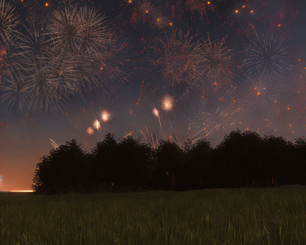 Vibrant fireworks display over nighttime field with silhouetted bushes