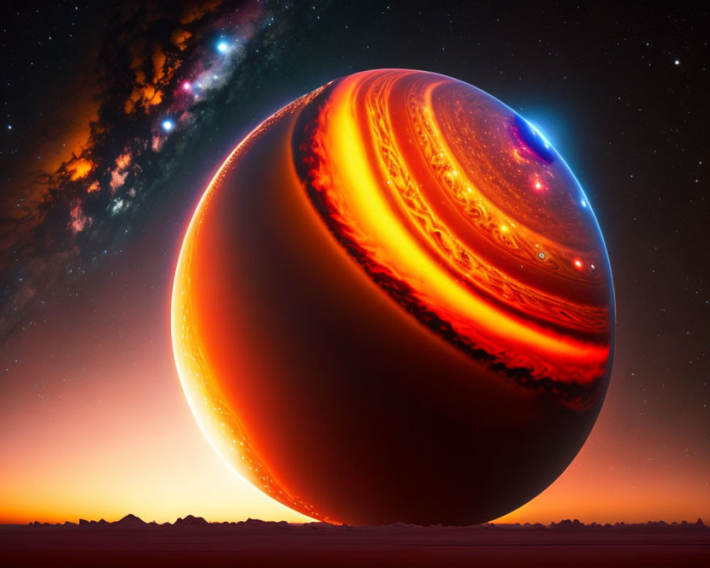 Colorful Giant Planet Artwork Against Starry Sky and Desert Landscape