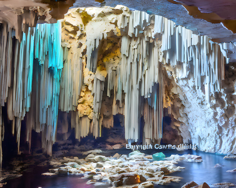 Majestic cave interior with stalactites, natural light, and tranquil water.