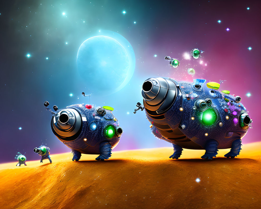 Whimsical spacecrafts and robotic creatures on alien planet with blue moon and starry sky