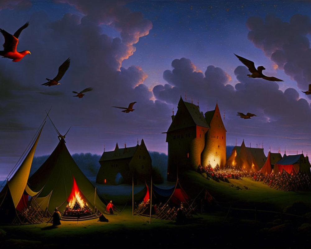 Medieval encampment with tents, central fire, castle, birds, and dramatic sky at twilight