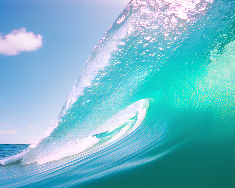 Translucent Turquoise Ocean Wave Against Clear Sky