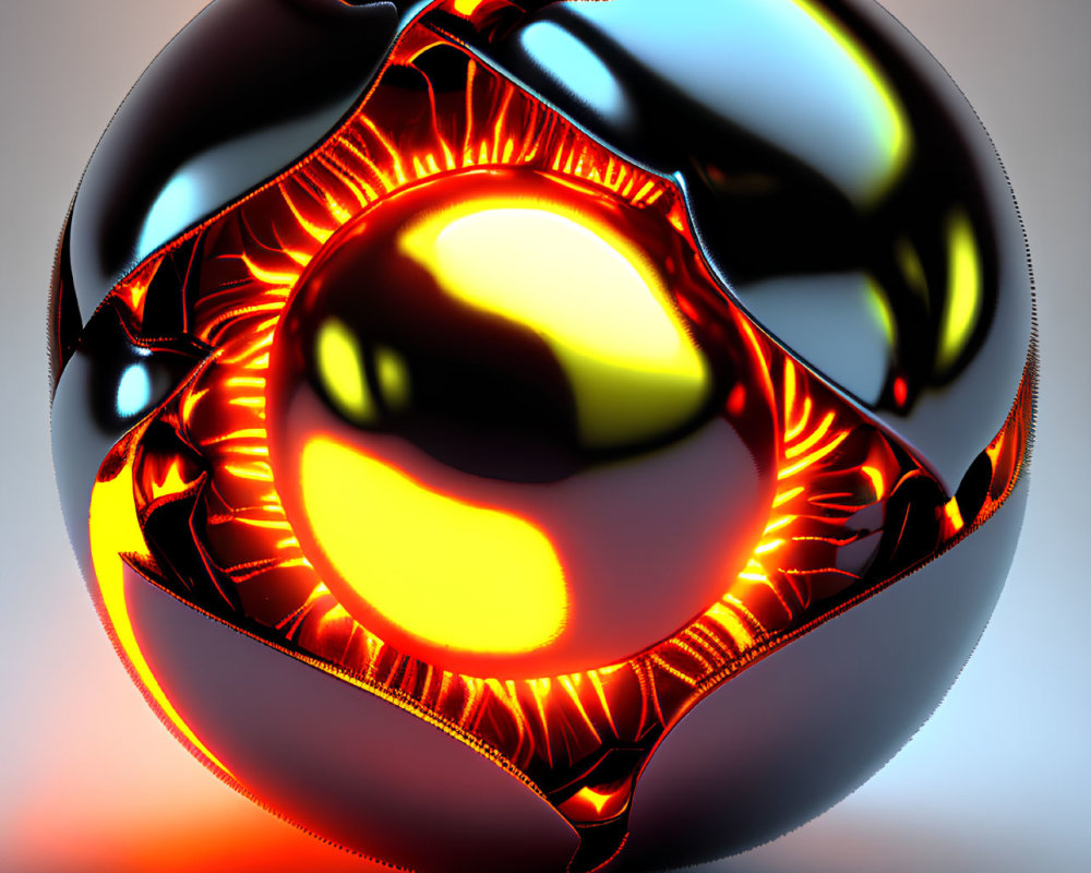 Shiny Black Sphere with Orange Luminous Cracks on Soft-lit Background