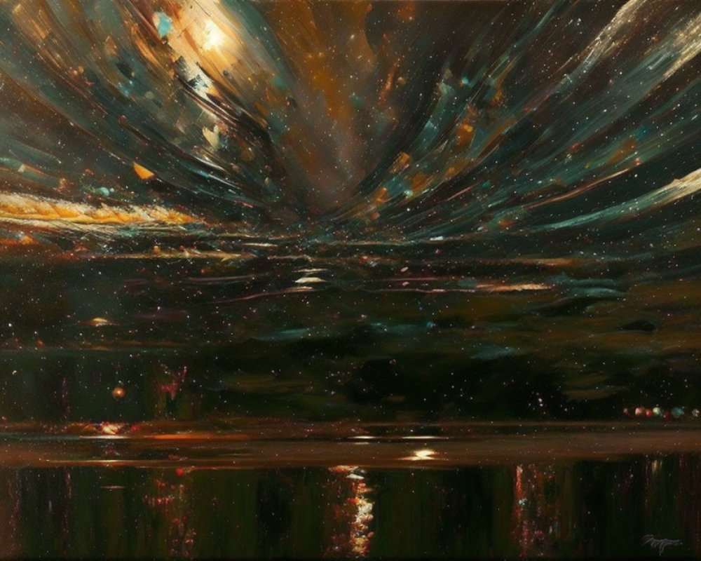 Cosmic painting with streaks of light and stars reflecting on water