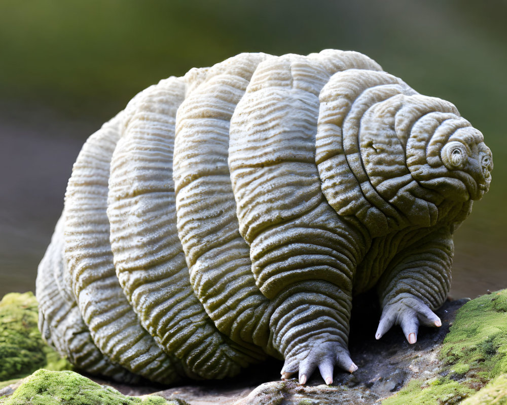 Wrinkled turtle-like creature with ring patterns on moss-covered rock