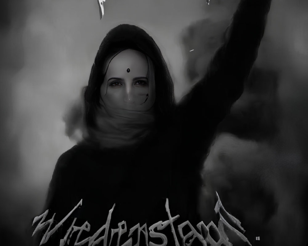 Monochrome image of mysterious figure with obscured eyes and face mask, raising fist