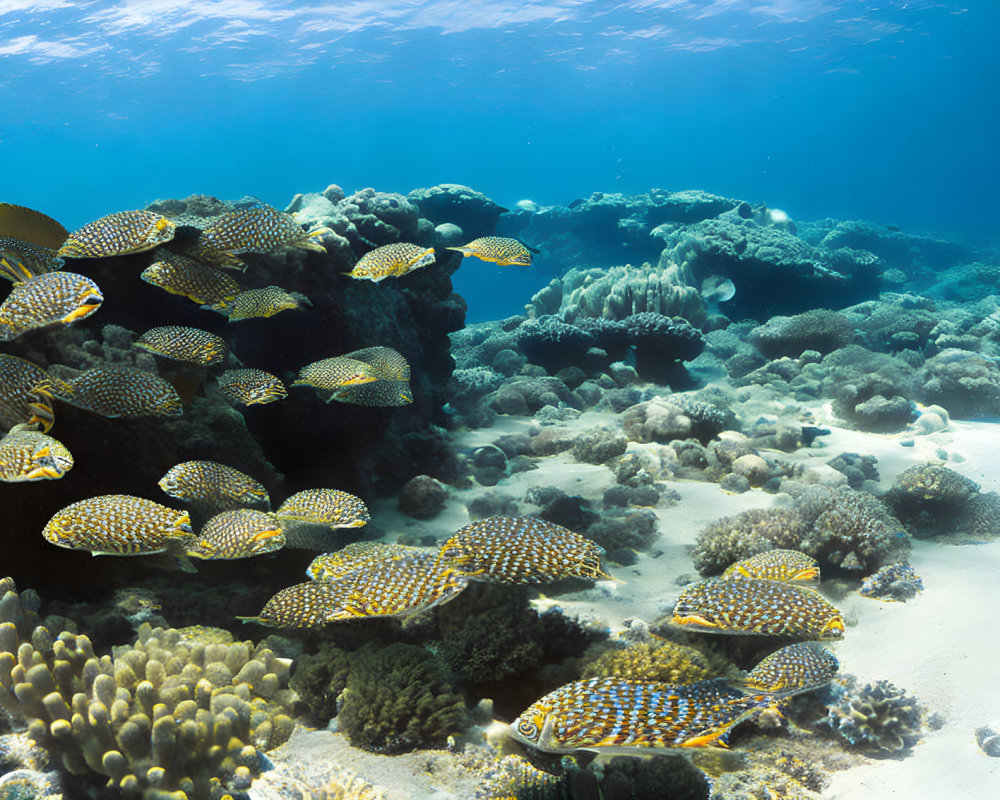 School of Spotted Yellow Fish Swimming Near Vibrant Coral Reef