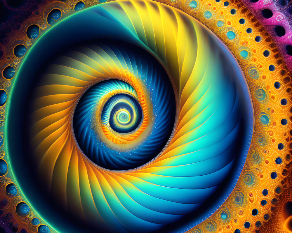 Colorful Fractal Eye with Spiral Pattern in Blue, Yellow, Orange