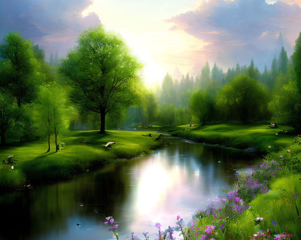 Tranquil river landscape with vibrant nature and clear sky