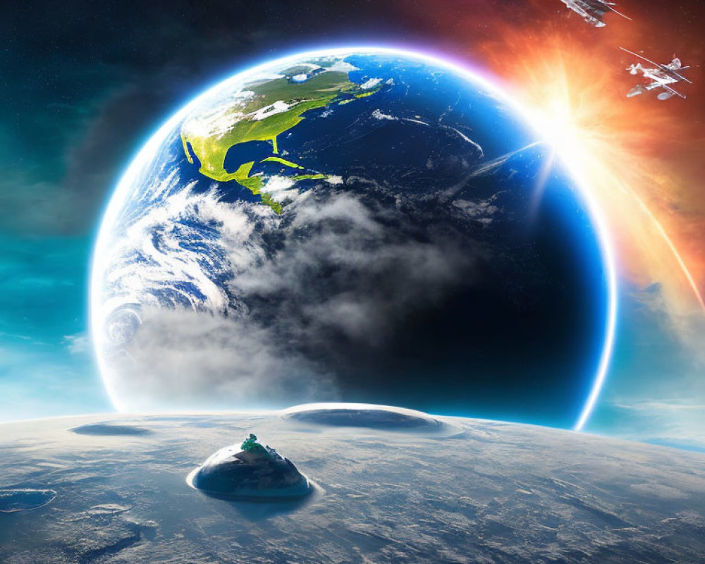 Sci-fi scene: Earth from space with spaceships and vibrant sunlight
