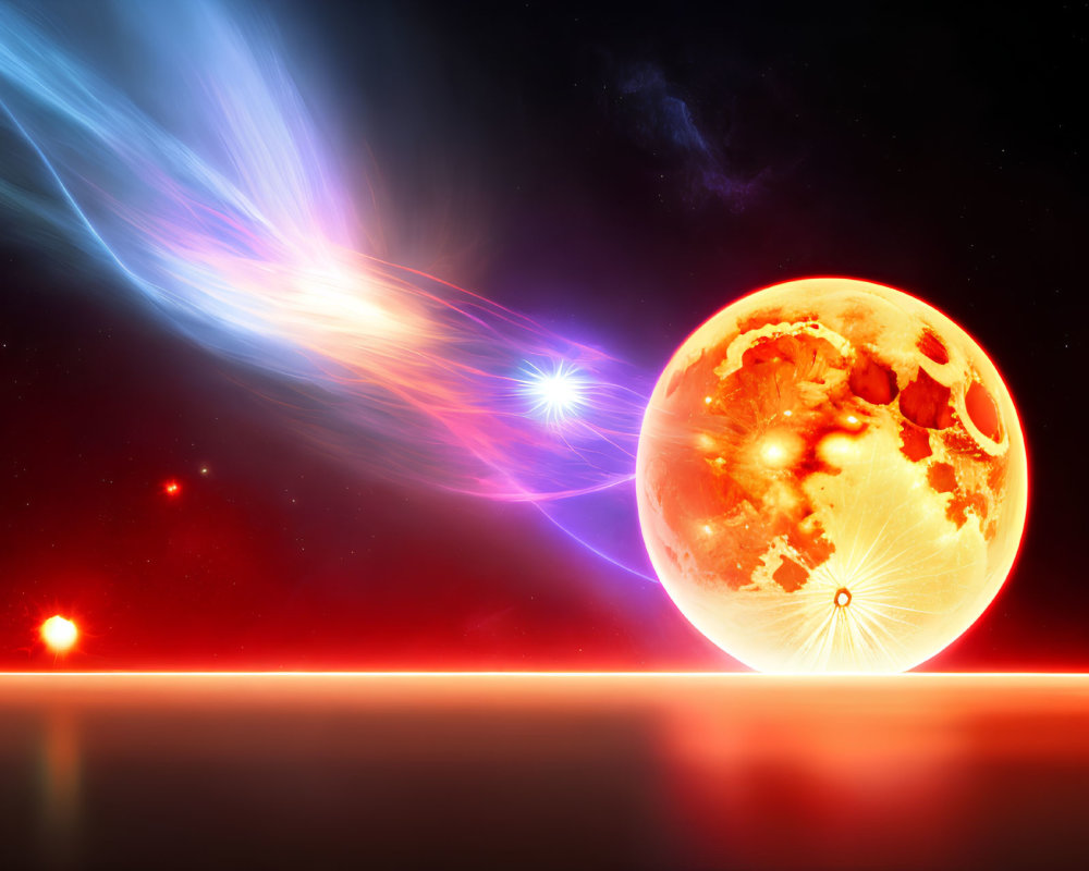 Orange Planet in Cosmic Scene with Radiant Energy Stream