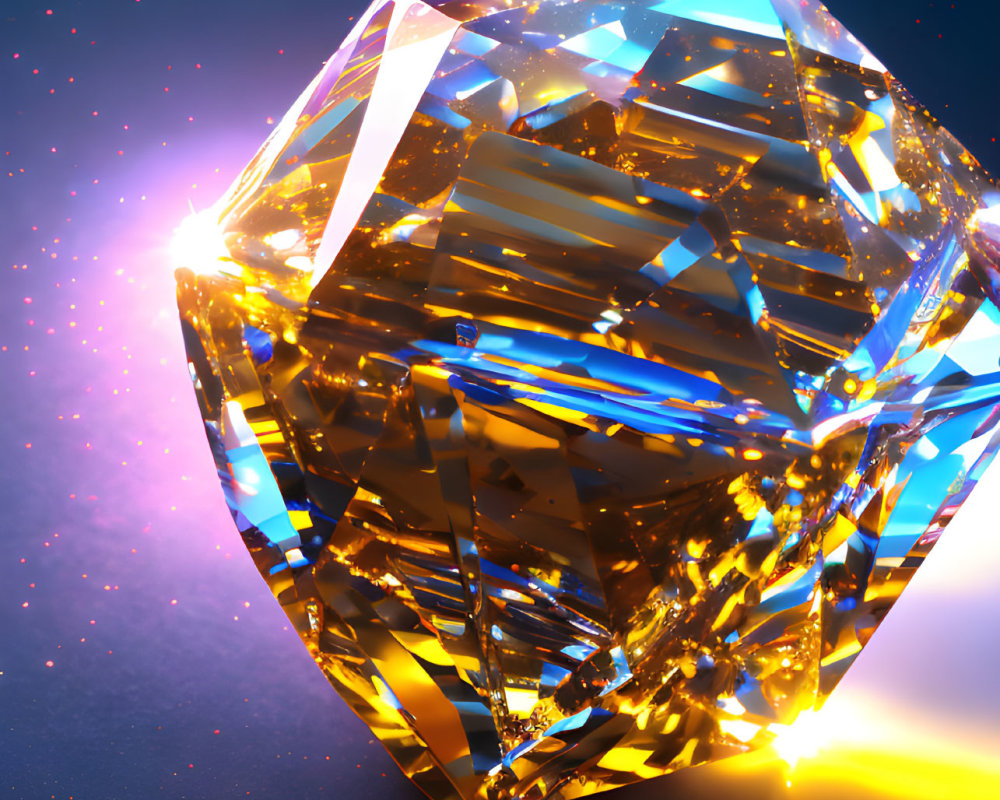 Multifaceted diamond shines on dark blue background