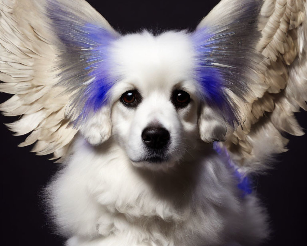 White Dog with Black Eyes and Blue Ears Wings on Black Background