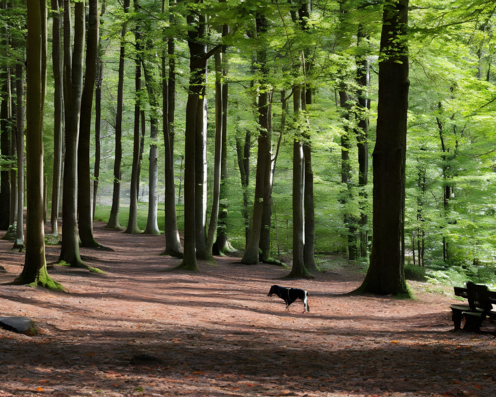 Black Dog Walking Through Tranquil Forest with Benches