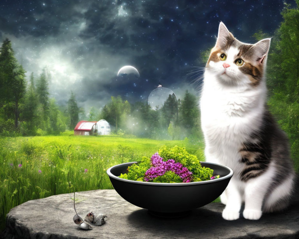 Cat beside flowers on stone with night sky, house, and greenery.