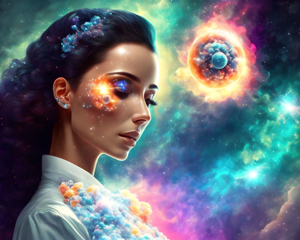 Cosmic-themed digital artwork of a woman with stars in hair and shirt, against vibrant space background.
