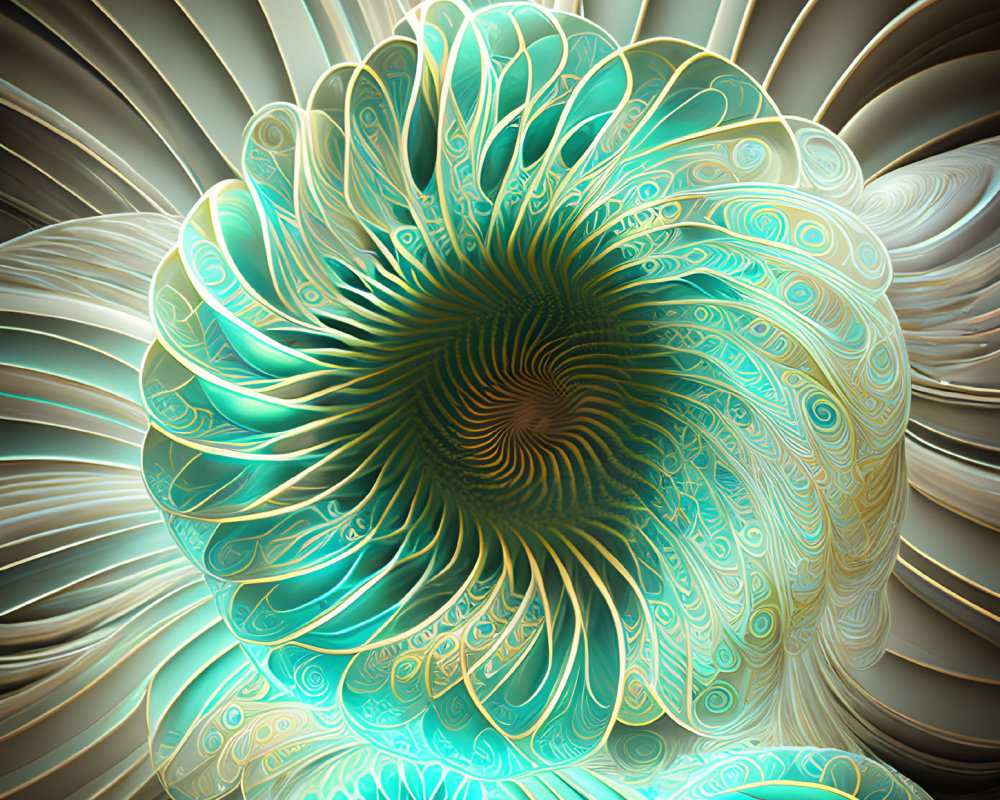 Turquoise and Beige Spiral Fractal Art with Shell and Floral Motifs