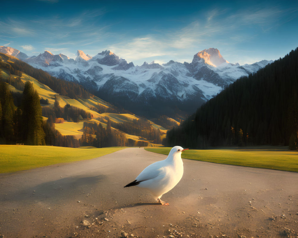Seagull on road in serene landscape with green fields and snow-capped mountains