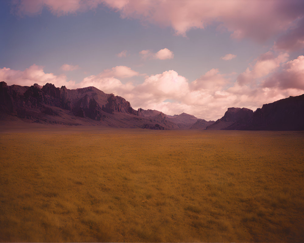 Grassy field, dramatic sky, rugged mountains: Dusk or dawn scenery