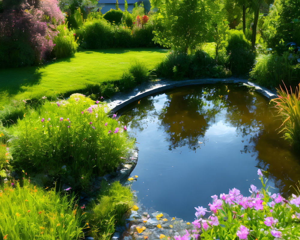 Vibrant Garden Scene with Pond and Colorful Flowers