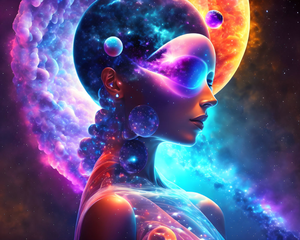 Cosmos-themed side profile portrait of a woman with stars, planets, and nebulas against space